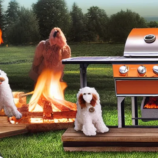 Prompt: wooly dogs grilling steaks on a summers evening hyper realistic