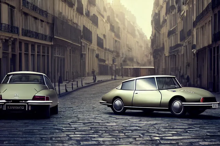 Image similar to a wholesome beautiful animation key shot of!! one!! focused!! 1 9 7 4 citroen ds!! in a paris street, medium wide shot, sharp, very detailed, high resolution, rendered in unreal engine 5, anime key art by greg rutkowski, bloom, dramatic lighting