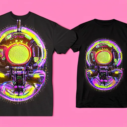 Image similar to mockup of a black tshirt with a hyperdetailed portrait of a steampunk robot on lsd, 8 k, symetrical, flourescent colors, happy trippy mood, multicolored,