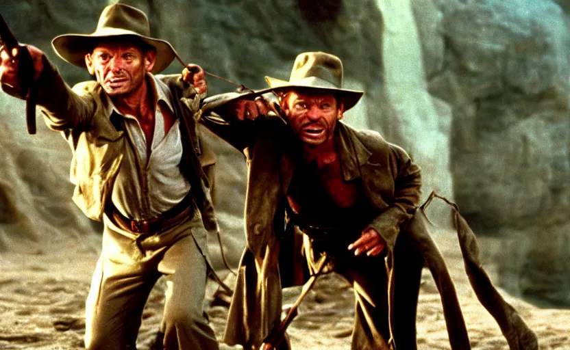 Image similar to a cinematic still of gollum as indiana jones in in indiana jones and the last crusade ( 1 9 8 9 ),