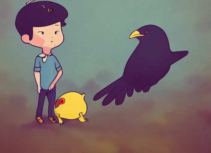 Image similar to cartoon still, a small boy with dark hair, wearing farm clothes, he has a small crow on his shoulder, artstation, inspired by adventure time, by padleton ward