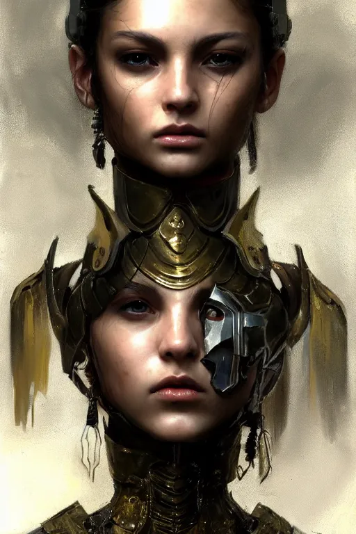 Image similar to a photorealistic painting of an attractive young girl, partially clothed in metal-plated battle armor, olive skin, long dark hair, beautiful bone structure, symmetrical face, perfect eyes, intricate, elegant, digital painting, concept art, illustration, sharp focus, minimal artifacts, from Metal Gear, in the style of Ruan Jia and Mandy Jurgens and Greg Rutkowski, trending on Artstation, award winning