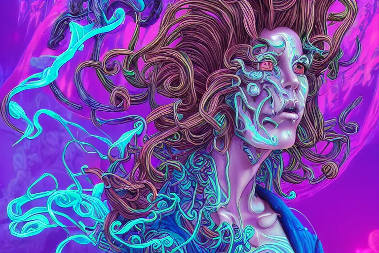 Image similar to cell shaded, a vaporwave ombre biomechanical druid of creativity, flowing hair, beautiful character fashion design, by josan gonzalez, shag, nagel, and paul lehr and david heskin and seb mckinnon and jared s. merantz and alex grey, hi - fructose, 8 k, digital matte painting