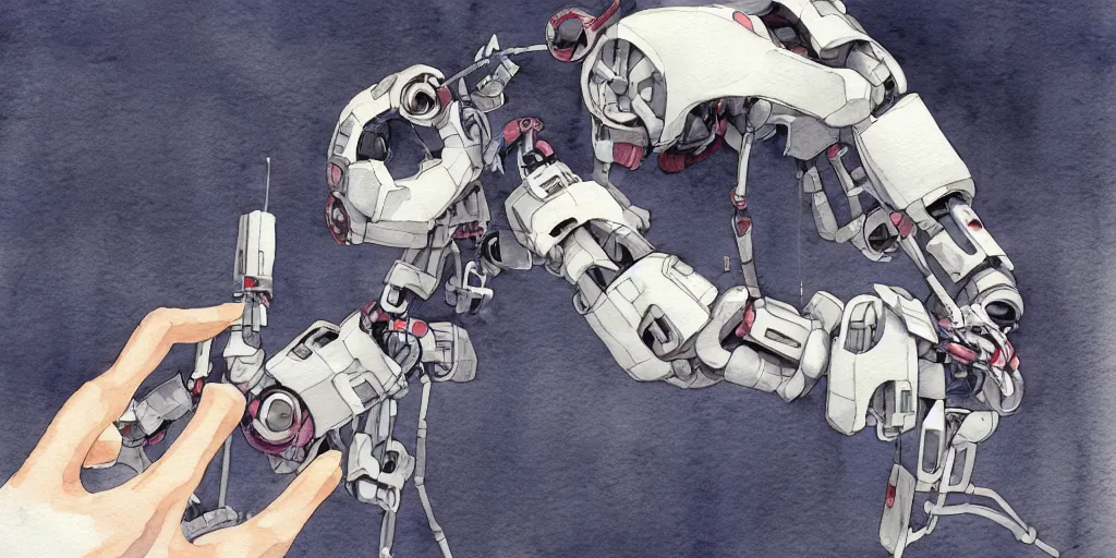 Image similar to watercolour painting of a broken robot repairing its own arm, anime, pencil lines, light watercolour, pale sky, beautiful artwork, anime screenshot, akihabara