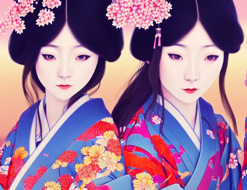 Prompt: two beautiful charming japan girls wear arty kimono in festival | | sunny night, full moon, dreamlike art, realistic shaded, smile, good looking, hyper details, 4 k realistic, cryengine, realistic shaded lighting poster by ilya kuvshinov, fuji choko, ross tran, 8 k resolution, trending on artstation, luxury