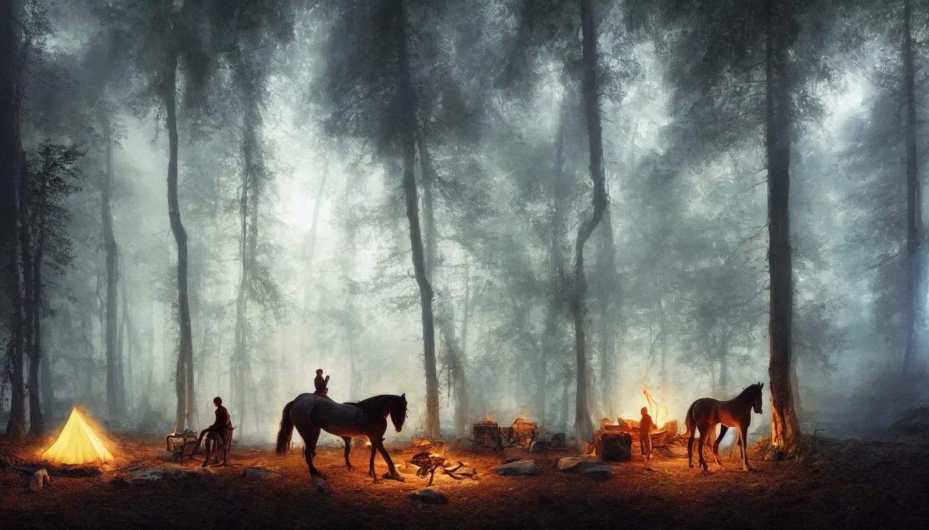 Image similar to a man and his horse camping by a small fire, in a mystical forest at night, intricate, elegant, volumetric lighting, digital painting, highly detailed, artstation, sharp focus, illustration, concept art, ruan jia, steve mccurry