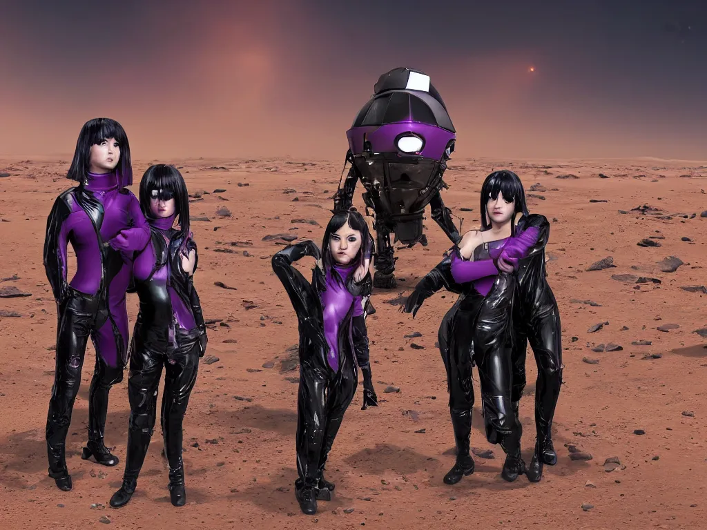 Prompt: two chubby teenagers with emo haircuts wearing gothy purple and black space spandex suits, standing next to smoldering spacecraft wreckage, on the surface of mars, sunset, sand storm approaching, magnificent white futuristic cityscape in the bakground, highly detailed, dramatic lighting, photorealistic, cinematic