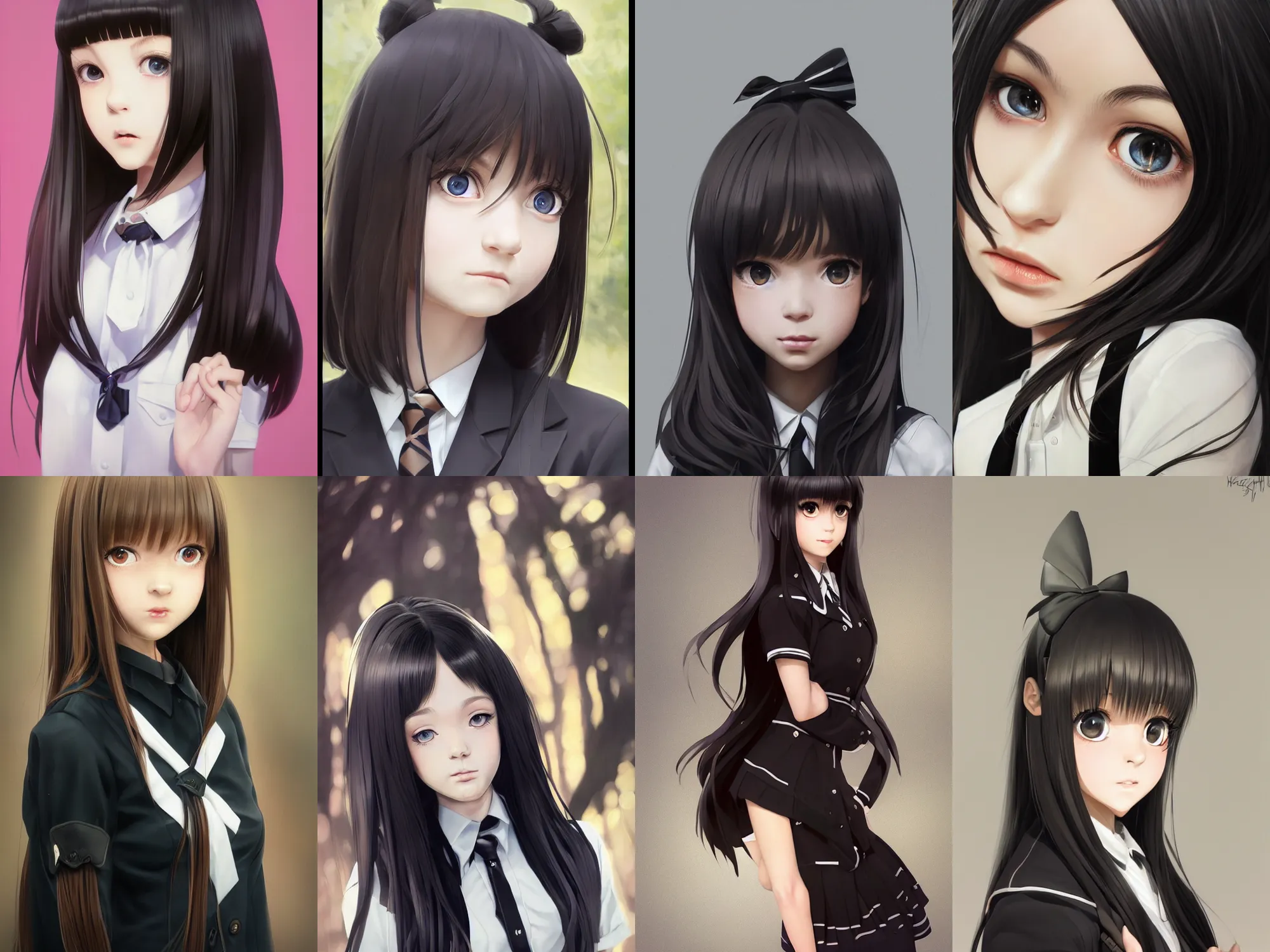 Image similar to A hyperrealistic schoolgirl, in black uniform, silky hair, very detailed stunning deep eyes. By ilya kuvshinov, krenz cushart, Greg Rutkowski, trending on artstation. Realistic materials, large highlights, amazing textured brush strokes, accurate shape, clear curvy details, cinematic soft volumetric studio lighting, with backlight, VFX, HDR