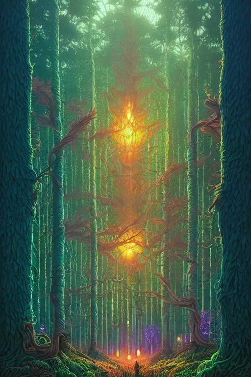 Prompt: fantasy forest. dan mumford. beeple. michael cheval. anato finnstark. naomi okubo.