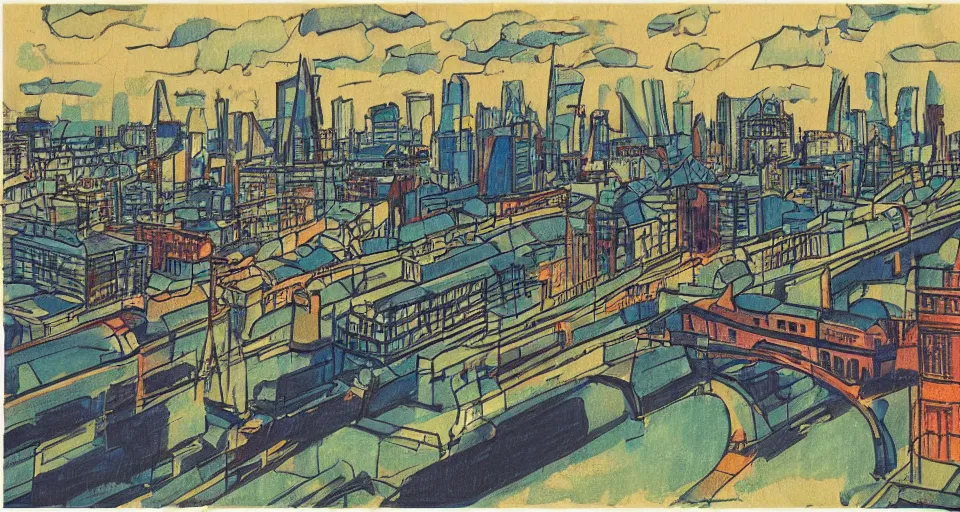 Prompt: color sketch of the london skyline, highly detailed, dramatic lighting, intense shadows, rich deep colours, by feng zikai yun shouping