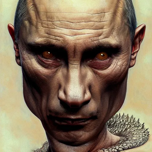 Prompt: vladimir putin, putin is bald prehistoric reptiloid reptile eyes, toothless, horror macabre by donato giancola and greg rutkowski and wayne barlow and zdzisław beksinski, realistic face, digital art