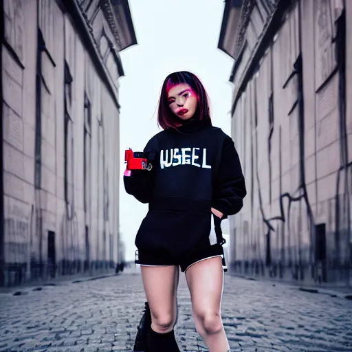 Prompt: photo of a female streetwear blogger, in 1925 berlin, photo from 2022, Fullbody color wideangle mediumshot dolly camera 4k 8k 130mm hd detailed