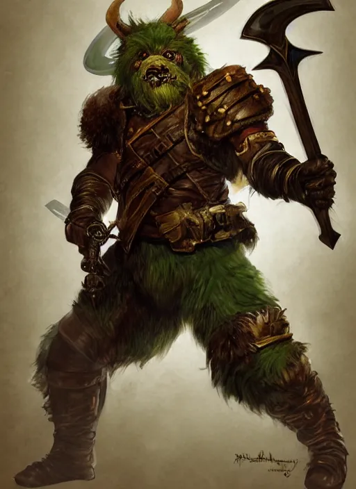 Image similar to photorealistic bugbear ranger holding sword on fire, magic, black beard, dungeons and dragons, pathfinder, roleplaying game art, hunters gear, jeweled ornate leather and steel armour, concept art, character design on white background, by sargent, norman rockwell, makoto shinkai, kim jung giu, artstation trending, poster art, colours red and green