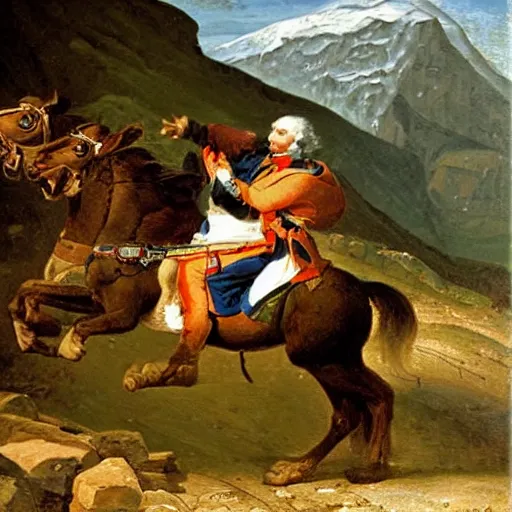 Image similar to benjamin netanyahu crossing the alps, oil painting by jacques - louis david