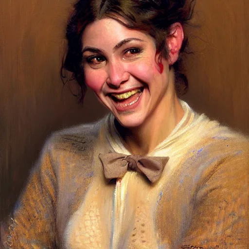 Image similar to a portrait of an anthromorphic pitbull female wearing a sweater and smiling at the viewer. highly detailed painting by gaston bussiere, craig mullins, j. c. leyendecker 8 k