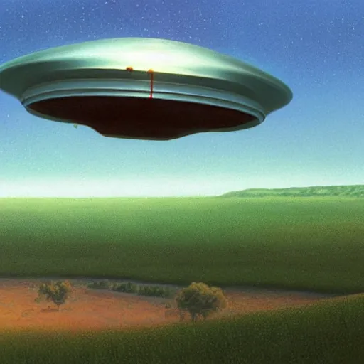 Prompt: artwork of a ufo hovering above a field, art by tim hildebrandt, deep depth of field. highly detailed, hyper realism, hd, 4 k