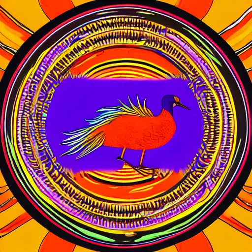 Prompt: phoenix salt bird round composition rebirth orange purple symbolism swirl tail feather graphic design Egyptian style simple design