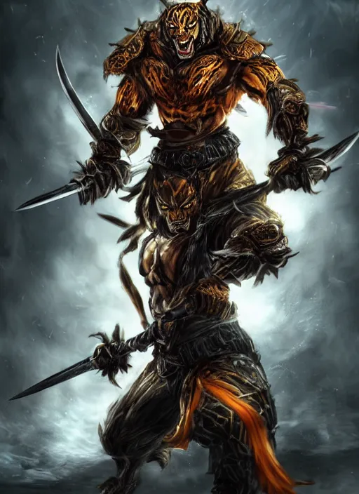 Image similar to fullbody, dark, evil villan character, very hostile very angry realistic detailed semirealism tiger man wearing samurai armor. fire Tiger_character, tiger_beast, 獣, FFXIV, iconic character splash art, angry character wielding a sword, blade, katana, blurred background, muscular scary brute, MMOrpg, dramatic cinematic Detailed fur, tank type character, detailed metal textures, 4K high resolution quality artstyle professional artists WLOP, Aztodio, Taejune Kim, Guweiz, Pixiv, Instagram, Artstation