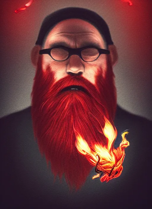Prompt: grumpy man casting fire spell, black clothes, red beard, whimsical, in the style of justin sweet and craola, macro lens, shallow depth of field, highly detailed, digital painting, trending artstation, concept art, illustration, cinematic lighting, vibrant colors, photorealism, epic, octane render, magic the gathering artwork, centered
