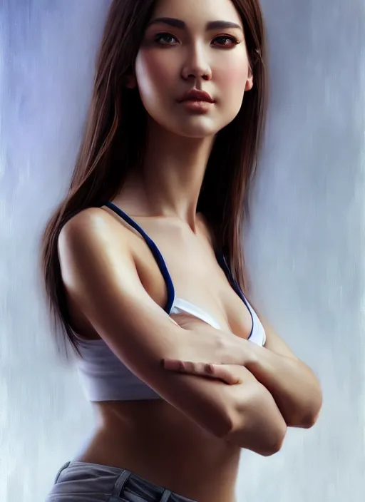 Image similar to photo of a gorgeous young woman in the style of stefan kostic, realistic, sharp focus, 8 k high definition, insanely detailed, intricate, elegant, art by stanley lau and artgerm