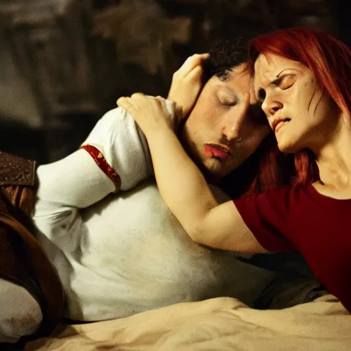 Image similar to woman crying next to his knight husband's body, cinematic, dramatic scene