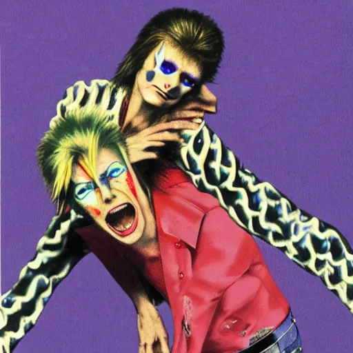 Prompt: david bowie from changes giving a piggy back ride to ziggy stardust. glam rock. by katsushika oi