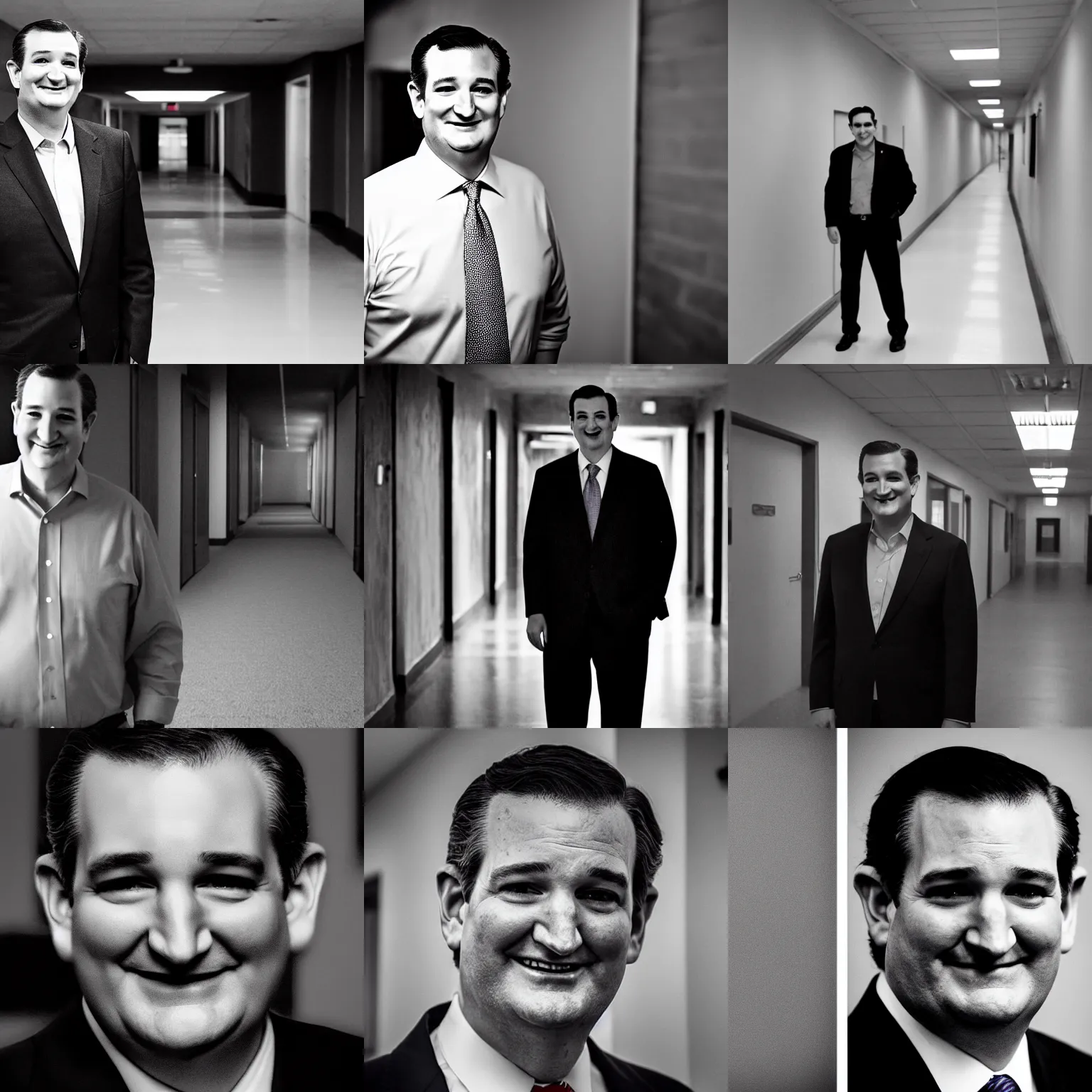 Prompt: Ted Cruz with a wide grin standing in a long empty hallway, black and white, creepy lighting, highly detailed, scary, horror, eerie, fear