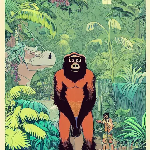 Prompt: Anthropomorphic bipedal gorilla wearing a t-shirt and shorts, in the background is lush jungle, graphic novel, by James Jean, Victo Ngai, David Rubín, Mike Mignola, Laurie Greasley,