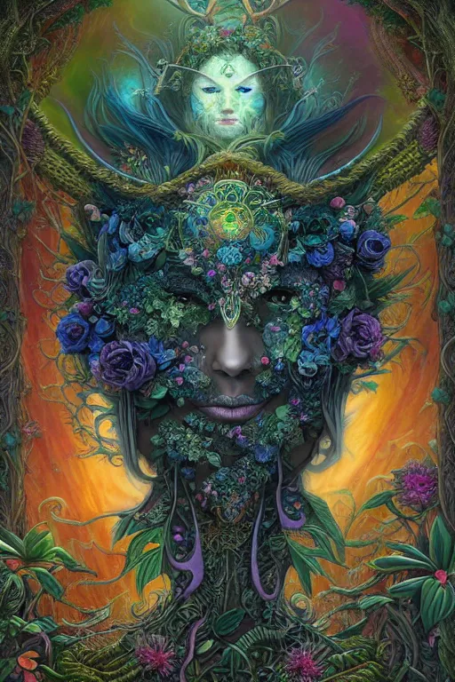 Prompt: hyper detailed, botanical eden Gaia tribal mask in the style of tarot art, matte painting by Jeremiah Ketner, Thomasz Alen Kopera, and Thomas Kinkade. artstation, insanely 3d, 4k, shamanpunk