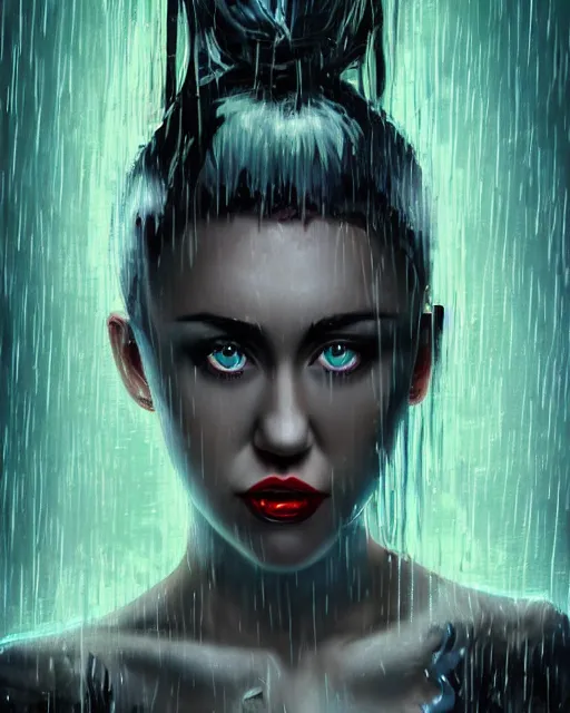 Prompt: An epic fantasy comic book style portrait painting of a very beautiful imposing Industrial goth Miley Cyrus in the rain, wet hair, neon reflections, character design by Mark Ryden and Pixar and Hayao Miyazaki, unreal 5, DAZ, hyperrealistic, octane render, cosplay, RPG portrait, dynamic lighting, intricate detail, cinematic