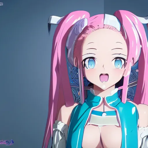 Image similar to viewed from the ground in a low angle, stunningly beautiful omnipotent megalomaniacal anime goddess with porcelain skin, pink twintail hair and mesmerizing cyan eyes, symmetrical perfect face smiling in a mischievous, devious and haughty way while looking down upon the viewer, mid view, hyperdetailed, 2 d, 8 k