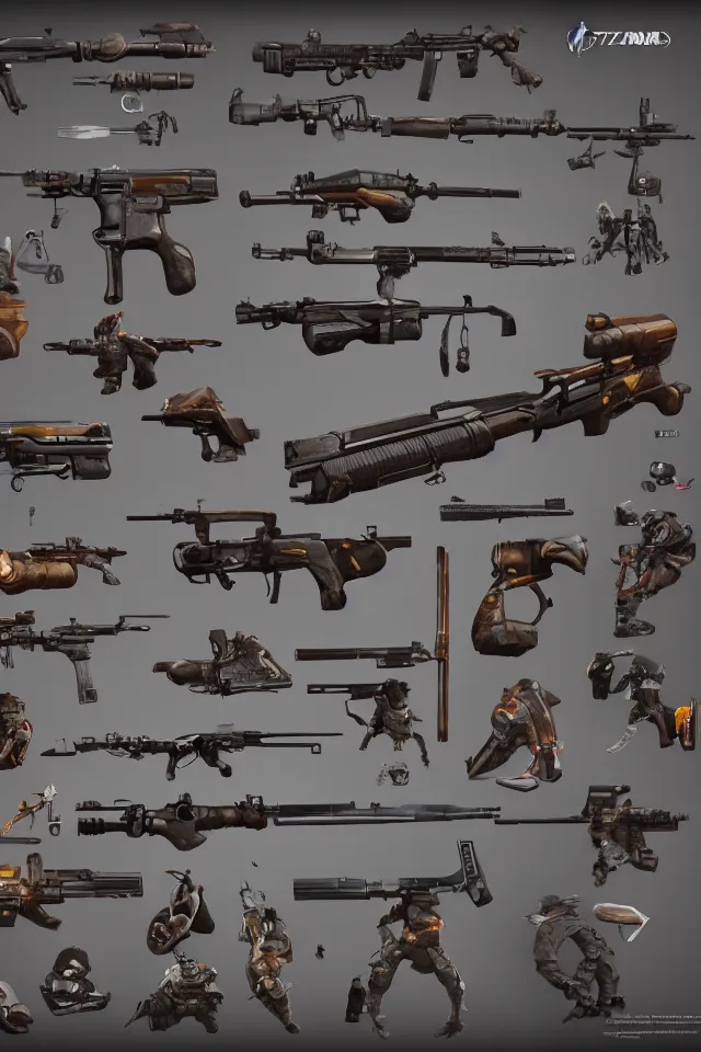 Prompt: Plataform Game assets, machine guns weapons, various items, in the style of Z.W. Gu from trending on artstation, HD, Octane render, smooth, sharp focus