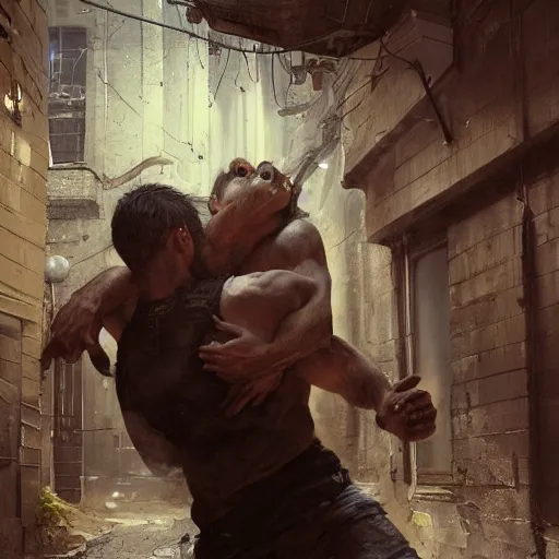 Image similar to original masterpiece artwork of 2 men choking each other during a fight in an alleyway by greg rutkowski and drew strewzan, horror, crime, hyperrealistic, octane render, exciting pose, dynamic lighting