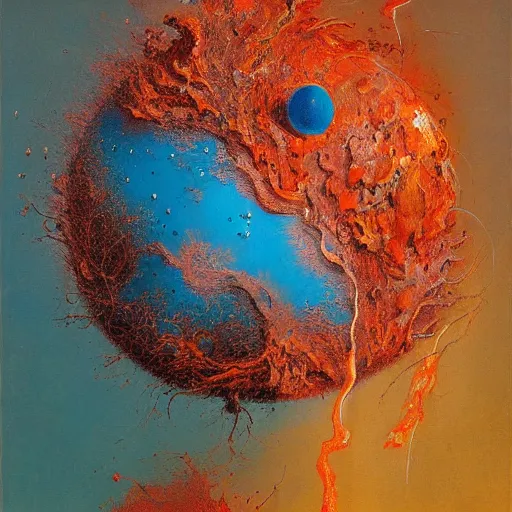 Image similar to a sphere being devoured by abstract splatters of paint in the style of francis bacon, venus being engulfed in flames in the style of james jean, surreal, beksinski, high detailed