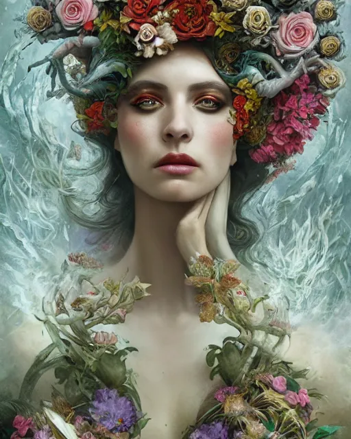 Image similar to portrait of the queen of the underworld, surrounded by flowers by karol bak, james jean, tom bagshaw, rococo, trending on artstation, cinematic lighting, hyper realism, octane render, 8 k, hyper detailed.