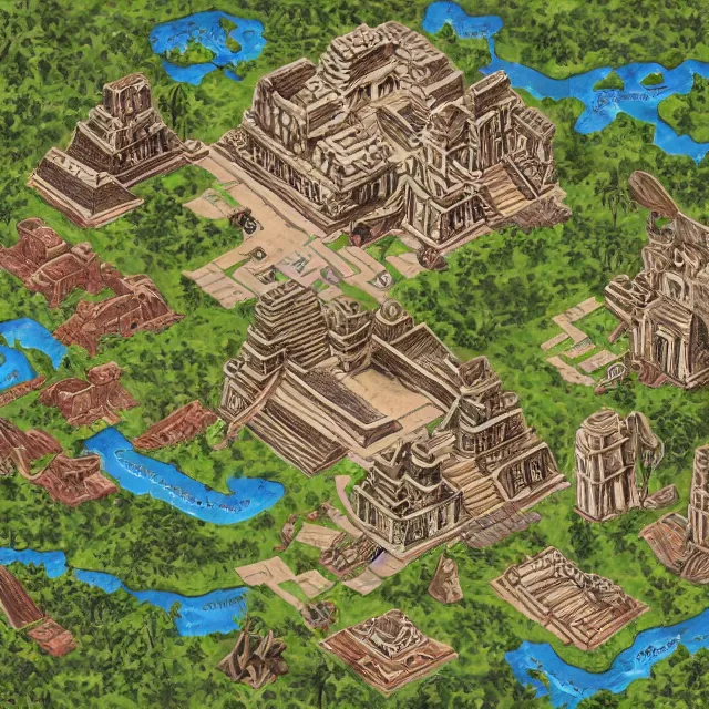 Image similar to an isometric game map of Tikal, Lost World Pyramid, Tikal Temple IV, Maya Temples