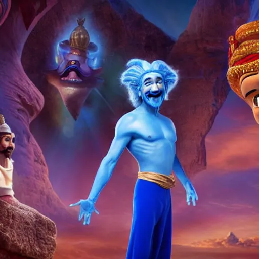 Image similar to albert einstein as genie with blue skin in the movie aladdin, movie still 8 k hdr atmospheric lighting