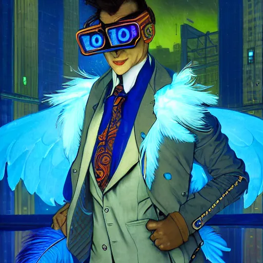 Prompt: female anthropomorphic blue jay with exquisite feathers and wearing a tie and vest in a cyberpunk city at night. Neon lights. Renowned character illustration by greg rutkowski, thomas kindkade, alphonse mucha, loish, norman rockwell.