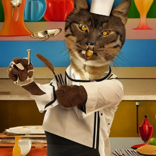 Image similar to anthropomorphic cats chef competing at the Masterchef TV show, by Salvador Dali