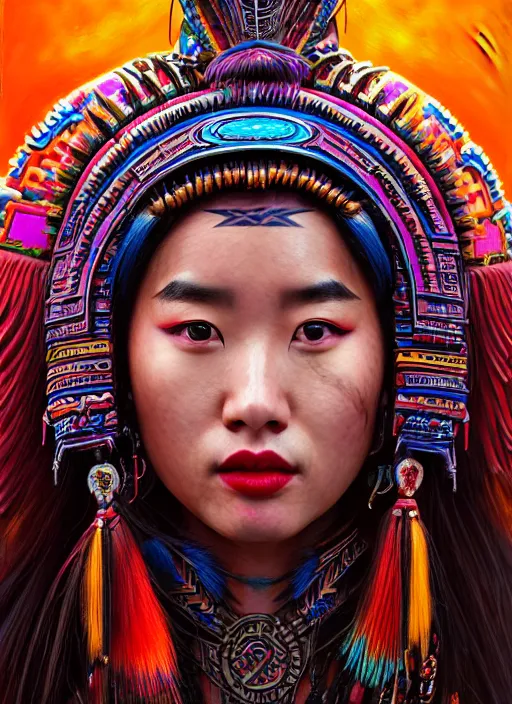 Image similar to portrait of liu yifei, hyper detailed ultra sharp aztec shaman warrior. trending on artstation, warpaint aesthetic, bloodwave, colorful, psychedelic, ornate, intricate, digital painting, concept art, smooth, sharp focus, illustration, art by artgerm and greg rutkowski and h. r. giger, 8 k