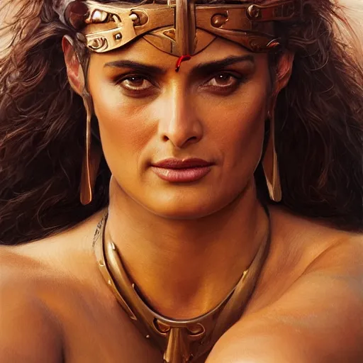 Image similar to a portrait of Salma Hayek as a barbarian, detailed, centered, digital painting, artstation, concept art, donato giancola, Joseph Christian Leyendecker, WLOP, Boris Vallejo, Breathtaking, 8k resolution, extremely detailed, beautiful, establishing shot, artistic, hyperrealistic, beautiful face, octane render