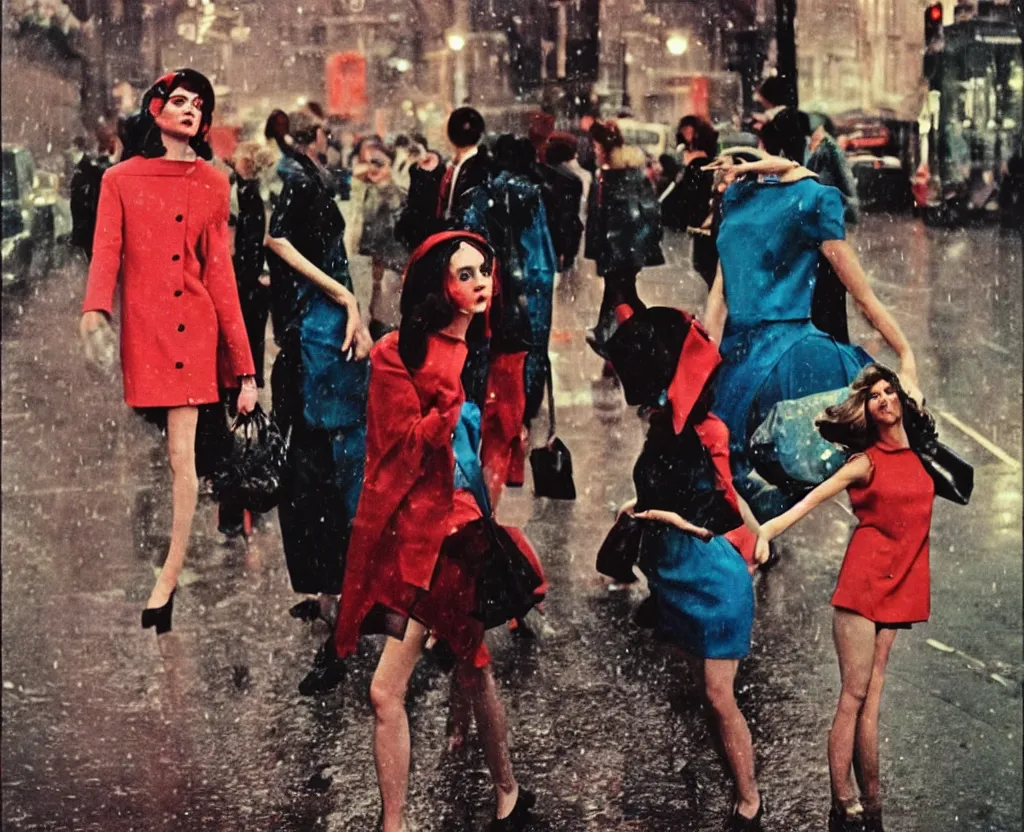 Prompt: 1960s fashion photography on the streets of London photographed by Annie Leibovitz, flash photography, holga, raining!, nighttime, colorful, photorealistic, atmospheric,