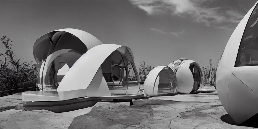 Image similar to futuristic pod dwelling by buckminster fuller and syd mead, contemporary architecture, photo journalism, photography, cinematic, national geographic photoshoot