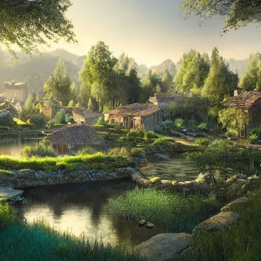 Prompt: a georgian village next to a pine forest, with a fishpond and courtyard, blue sky, sunny, detailed, volumetric, cinematic lighting, realistic, digital art by greg rukowski