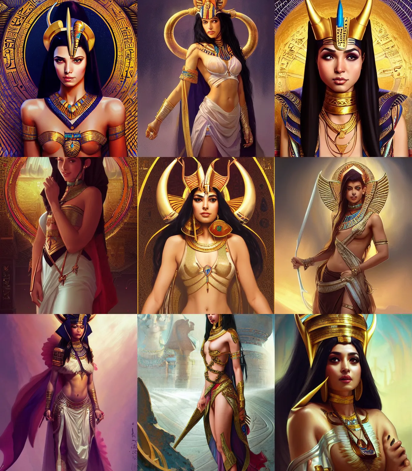 Prompt: Attractive aksunamun Egypt princess,full body,with horns,grinning, portrait, highly detailed, digital painting, artstation, concept art, sharp focus, illustration, art by artgerm and greg rutkowski and alphonse mucha