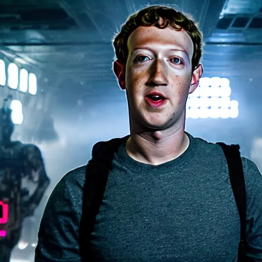 Image similar to Mark Zuckerberg in Ready Player One, movie still, promo material, EOS-1D, f/1.4, ISO 200, 1/160s, 8K, RAW, unedited, symmetrical balance, in-frame, Photoshop, Nvidia, Topaz AI