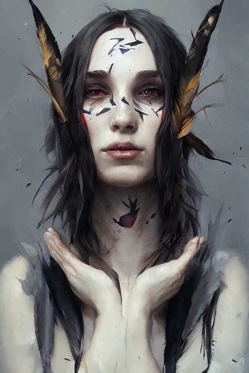 Image similar to hyper realistic portrait painting, beautifully rendered, gorgeous young witch with ceremonial markings and black feathers painted by greg rutkowski, wlop, artgerm, dishonored 2