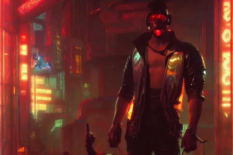 Image similar to cyberpunk style, male, neon lights, painting by gaston bussiere, craig mullins, j. c. leyendecker, tom of finland