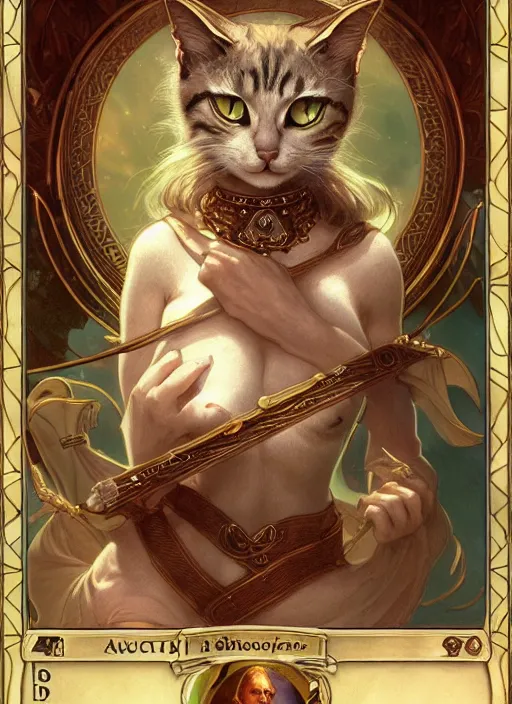 Image similar to photography of a cat tarot card, deep focus, d & d, fantasy, intricate, elegant, highly detailed, digital painting, artstation, concept art, matte, sharp focus, illustration, hearthstone, magic the gathering, art by artgerm and greg rutkowski and alphonse mucha