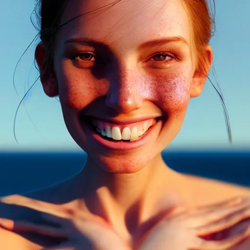 Prompt: portrait of a cute thin young woman, red blush, light freckles, smug smile, modern clothes, relaxing on the beach, golden hour, close up shot, 8 k, art by irakli nadar, hyperrealism, hyperdetailed, ultra realistic